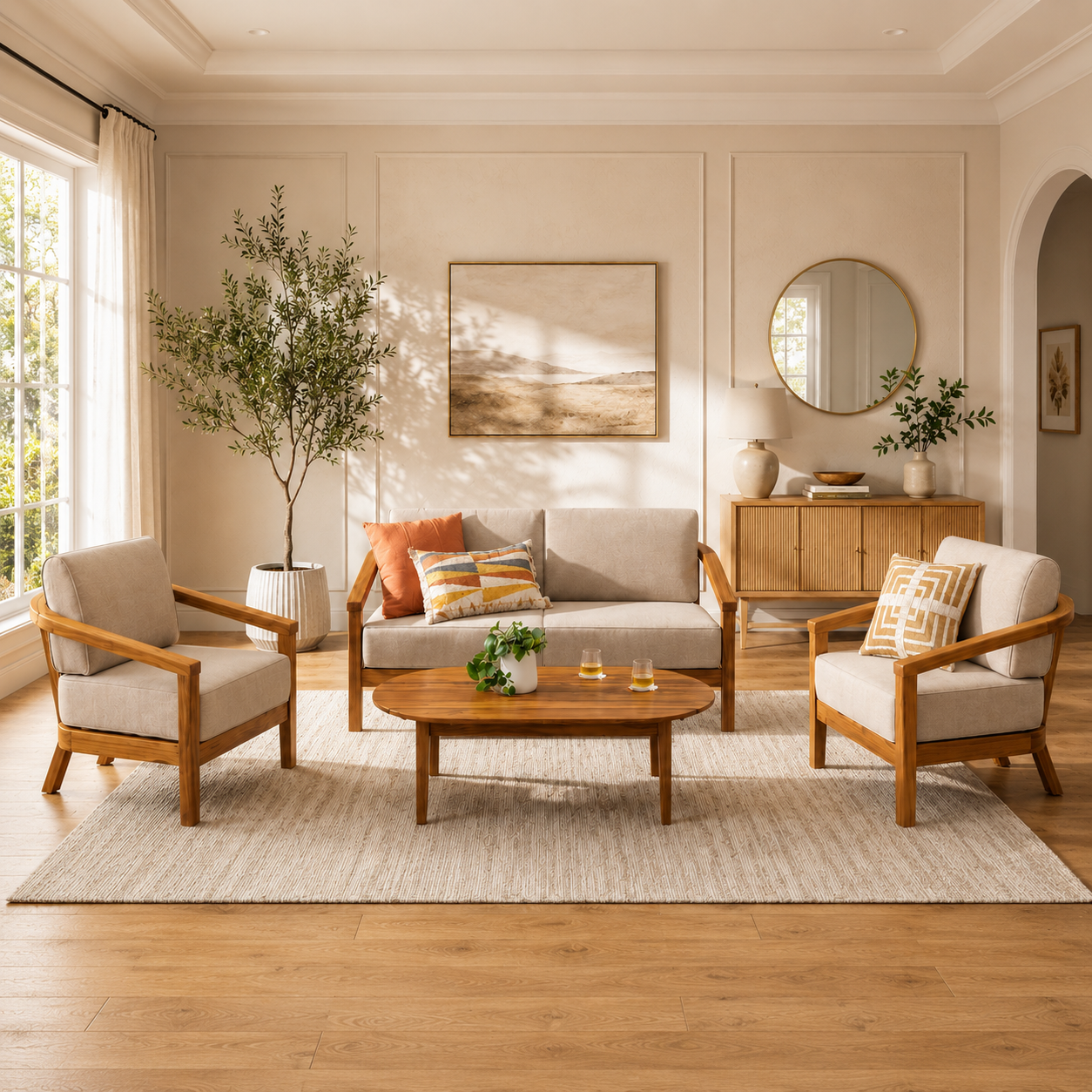 A living room with natural wood funitures