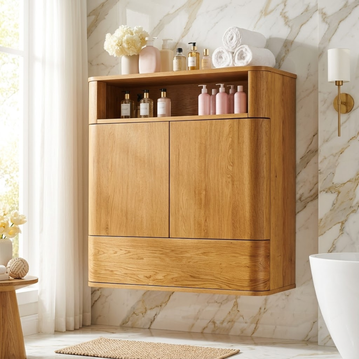 Floating Bathroom Cabinet, Modern Wall Mounted Vanity Storage Organizer Shelf Unit