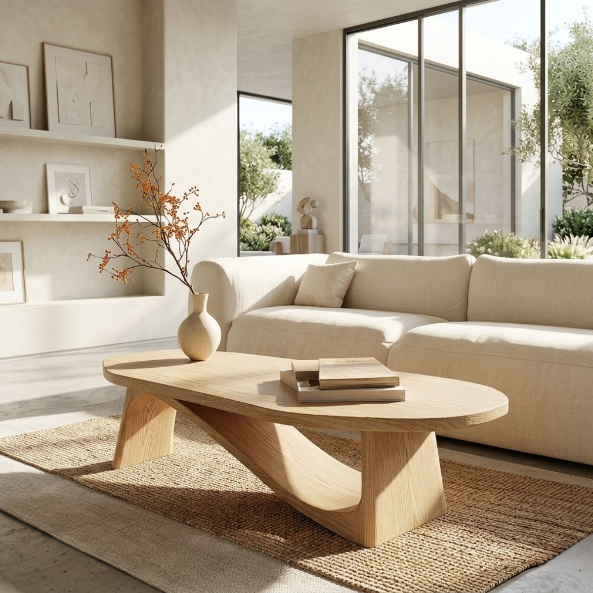 Modern Oval Coffee Table with Sculptural Base, Minimalist Living Room Centerpiece