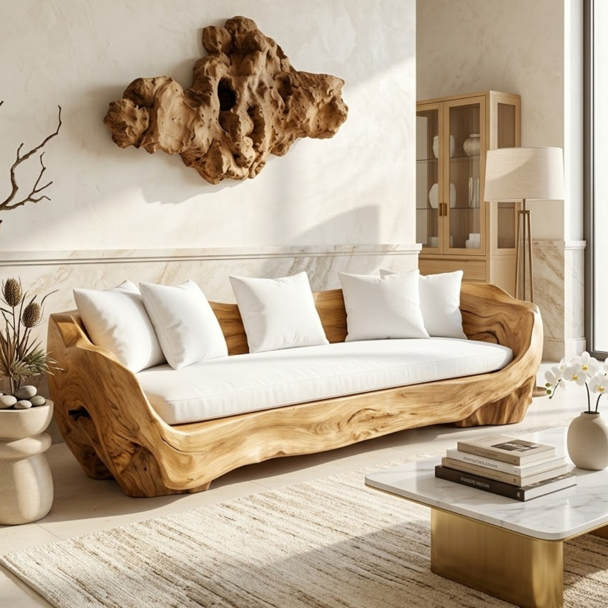 Organic Curved Wooden Sofa, Sculptural Statement Couch with Plush White Cushions