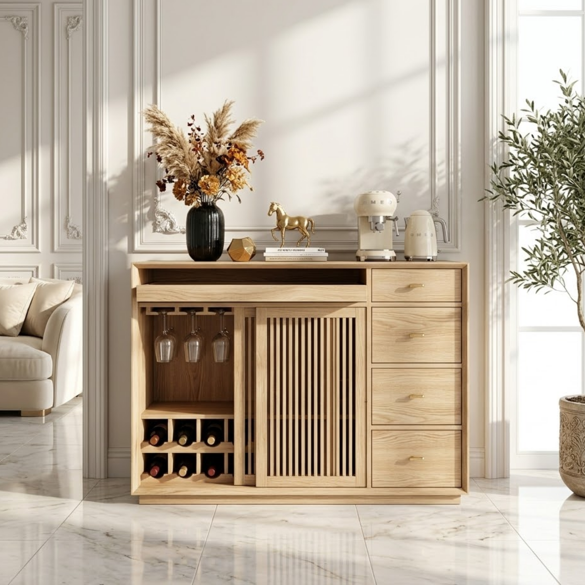 Contemporary Wooden Bar Cabinet, Coffee Station Sideboard with Wine Storage Drawers