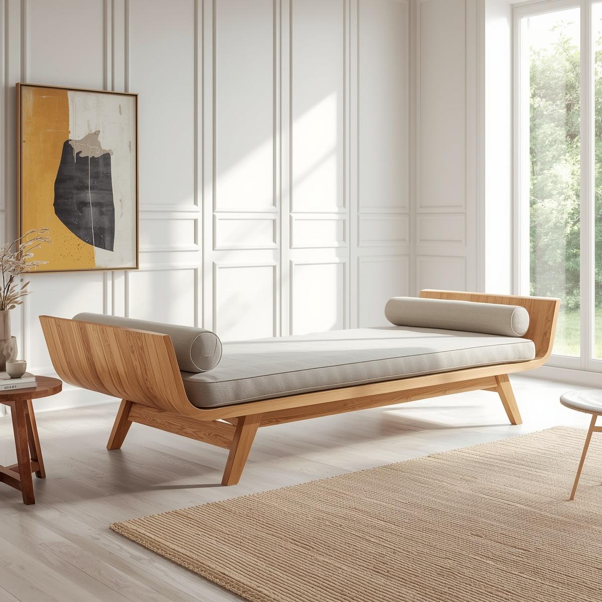 Solid Wood Daybed with Curved Side Panels and Angled Legs – Modern Sculptural Lounge Bed