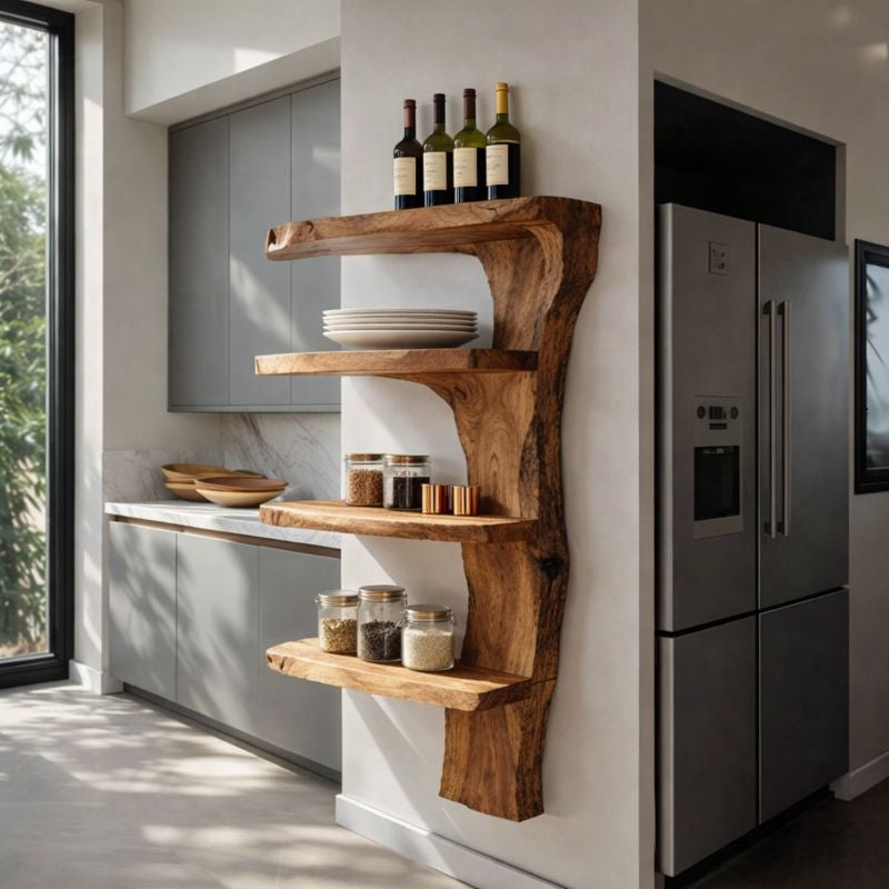 Handcrafted Solid Wood Live Edge Wall Shelf - Rustic Floating Kitchen Organizer & Display