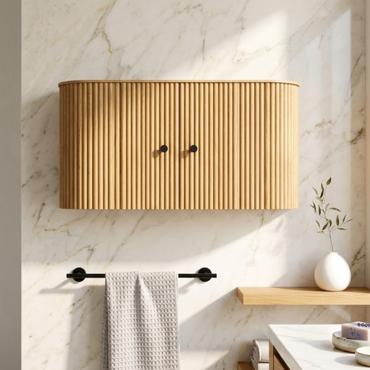 Curved Floating Bathroom Cabinet, Modern Fluted Wall Mounted Storage Organizer