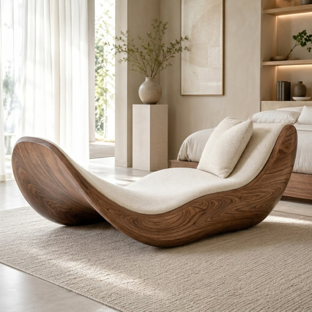Sculptural Curved Chaise Lounge Modern Daybed with Cushion for Bedroom Decor
