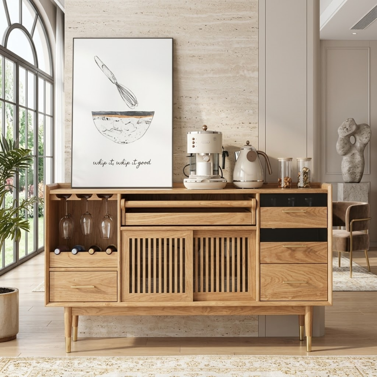 Luxury Modern Wooden Coffee Bar Cabinet, Fluted Sideboard with Wineglass Storage
