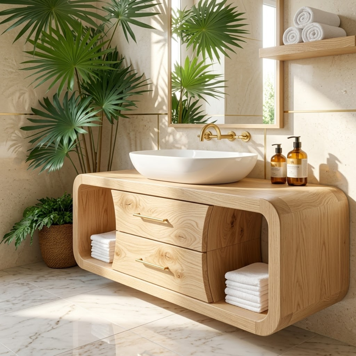 Modern Solid Wood Bathroom Vanity with Curved Frame and Open Shelf Storage
