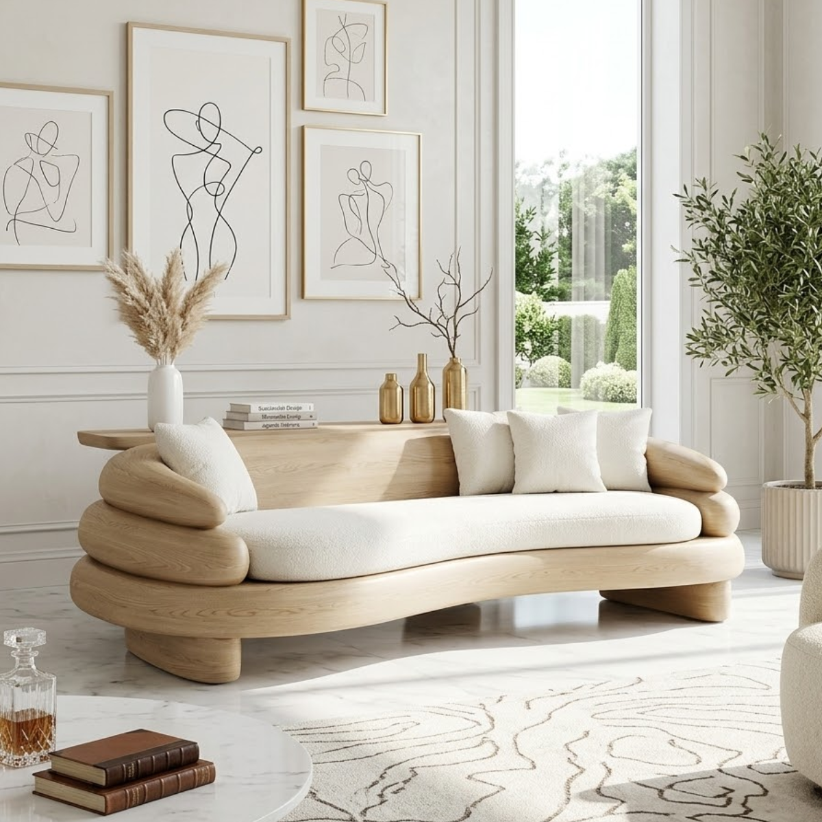 Organic Modern Wooden Sofa, Sculptural Curved Statement Couch with Cream Cushions
