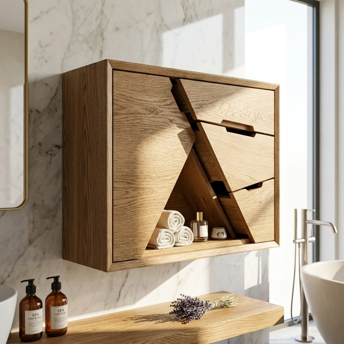 Geometric Floating Bathroom Cabinet, Modern Wall Mounted Vanity Storage Organizer