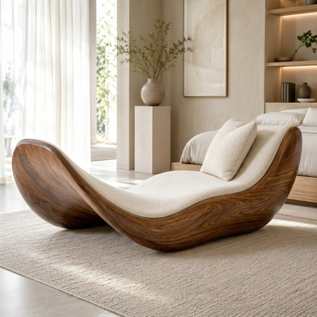 Sculptural Curved Chaise Lounge Modern Daybed with Cushion for Bedroom Decor