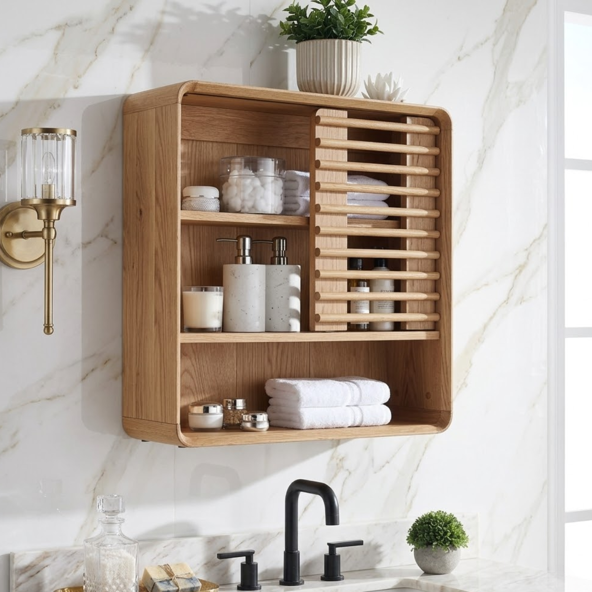Floating Bathroom Cabinet, Modern Tambour Wall Mounted Vanity Storage Organizer Unit