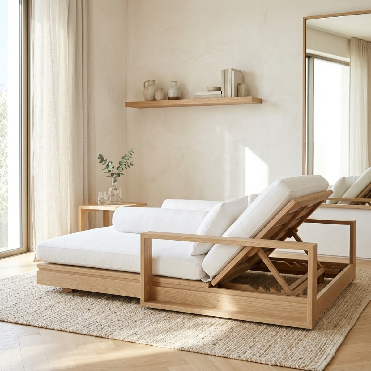 Adjustable Upholstered Daybed With Reclining Backrest, White Cushions, Lounge Chaise