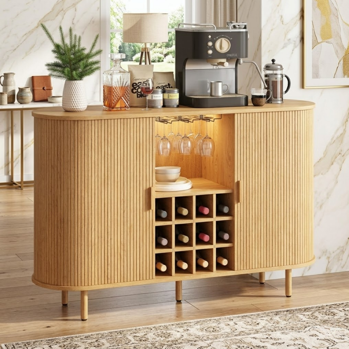 Contemporary Fluted Wooden Bar Cabinet, Coffee Station Sideboard with Wine Storage