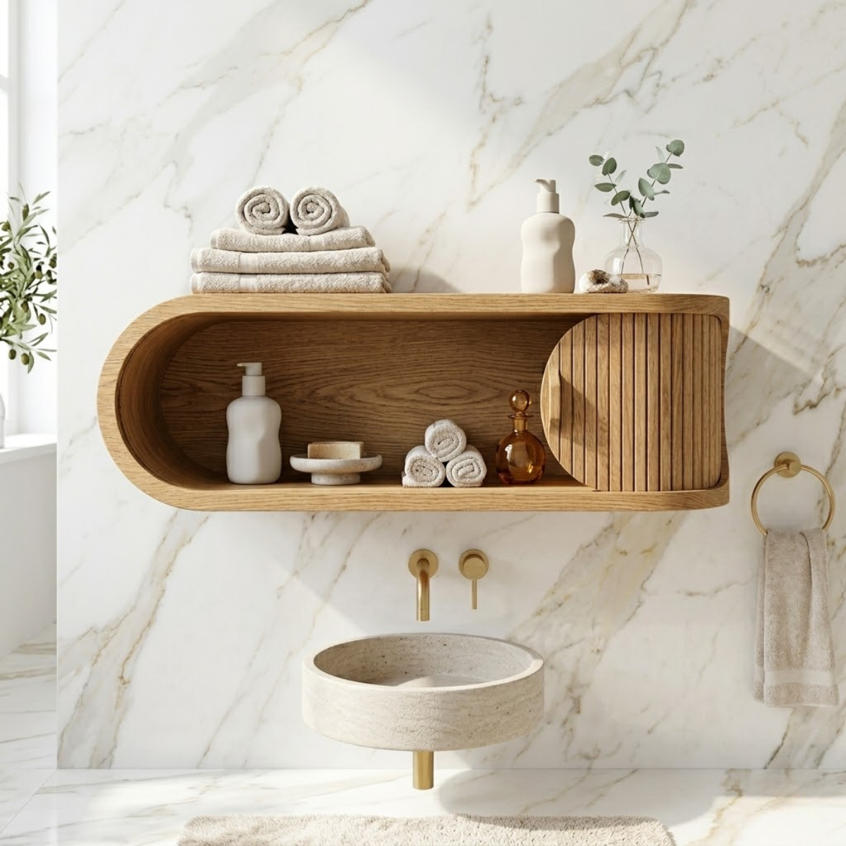 Floating Bathroom Cabinet, Modern Rounded Wall Mounted Vanity Storage Shelf Unit