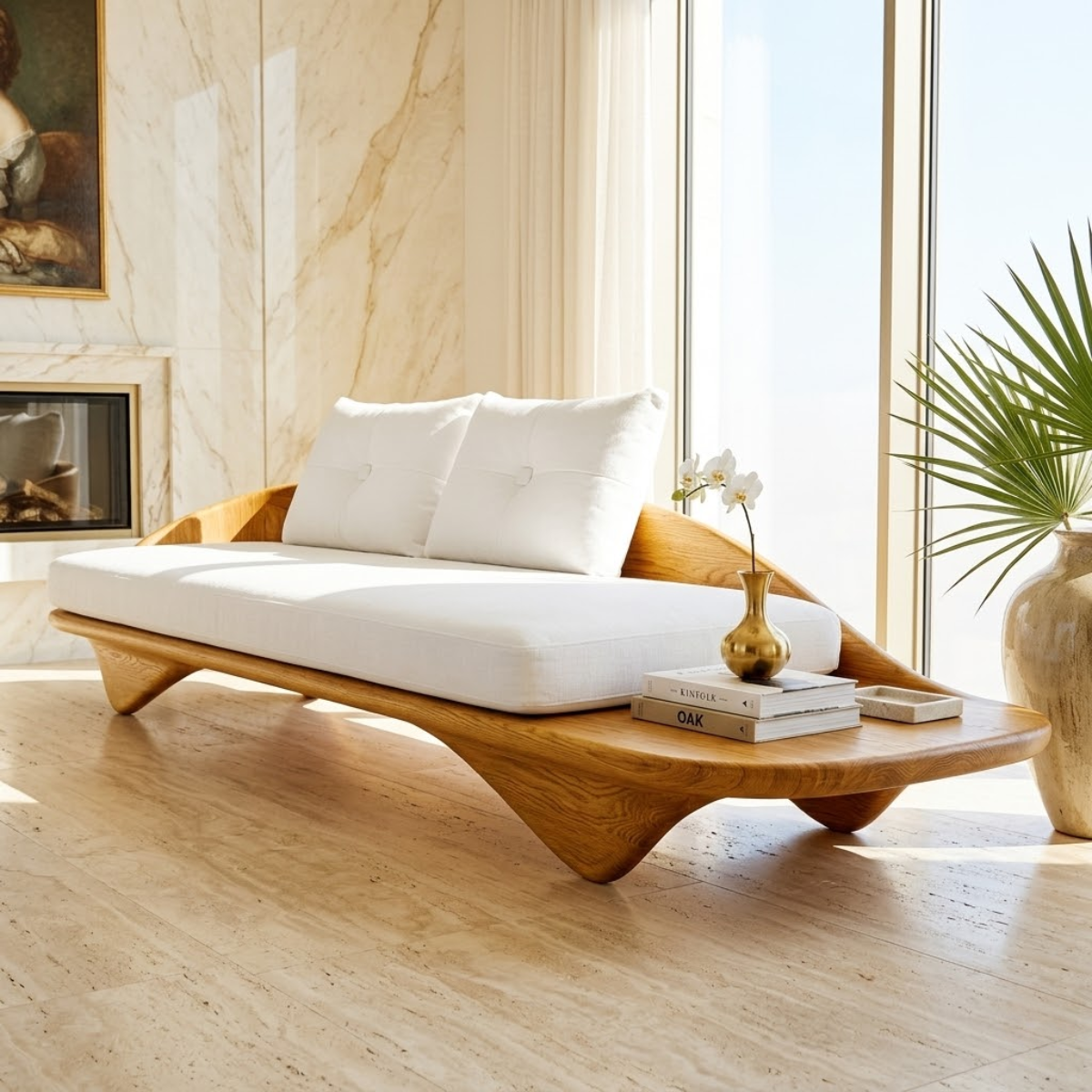 Contemporary Wooden Chaise Sofa, Minimalist Lounge Daybed with Integrated Platform
