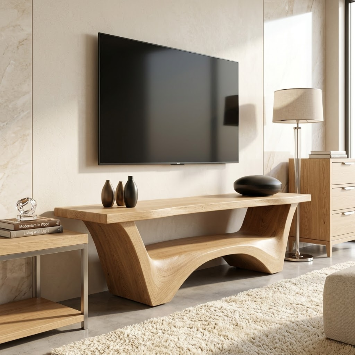 Solid Wood TV Stand with Sculptural Base, Modern Open Media Console