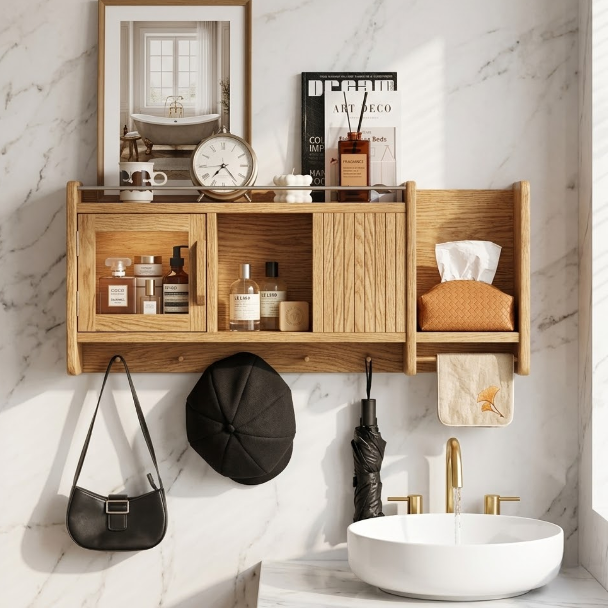 Floating Bathroom Cabinet, Wall Mounted Vanity Shelf Organizer With Tissue Holder