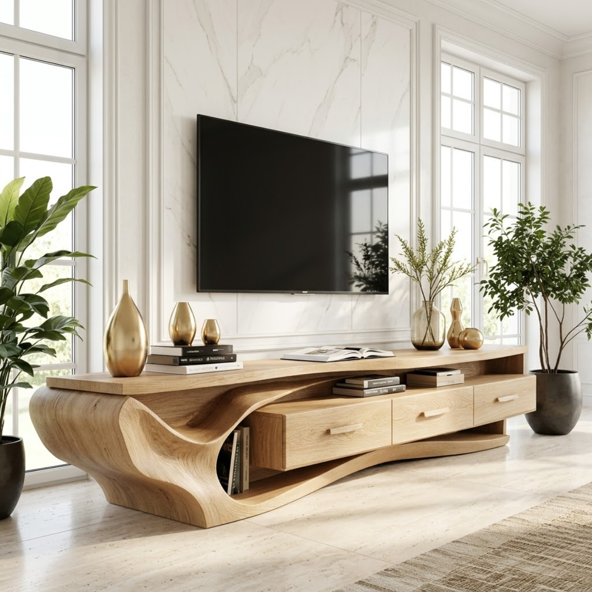 Solid Wood TV Stand with Wave Design, Modern Media Console Cabinet