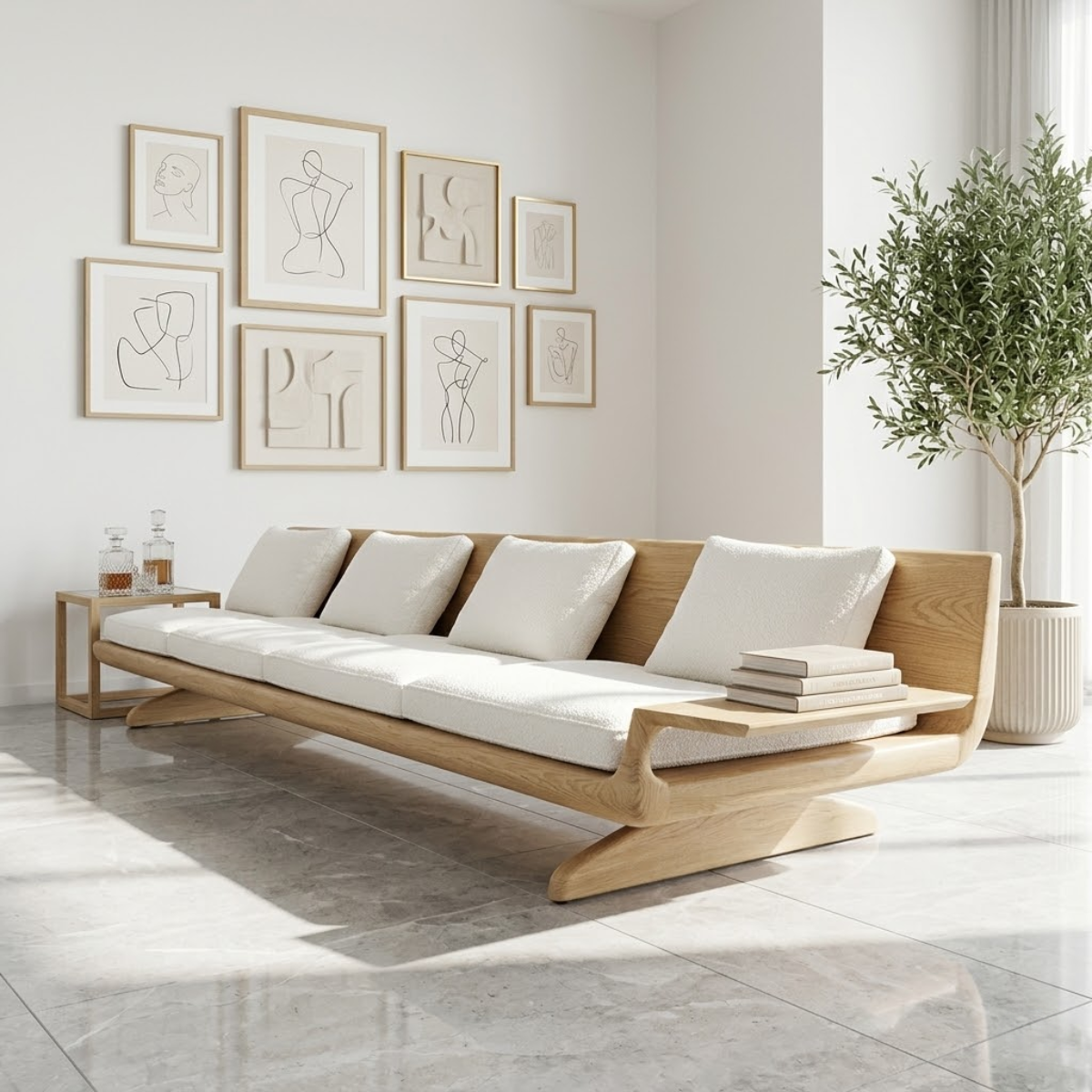Modern Wooden Sofa, Minimalist Daybed Couch with Integrated Side Display Shelving