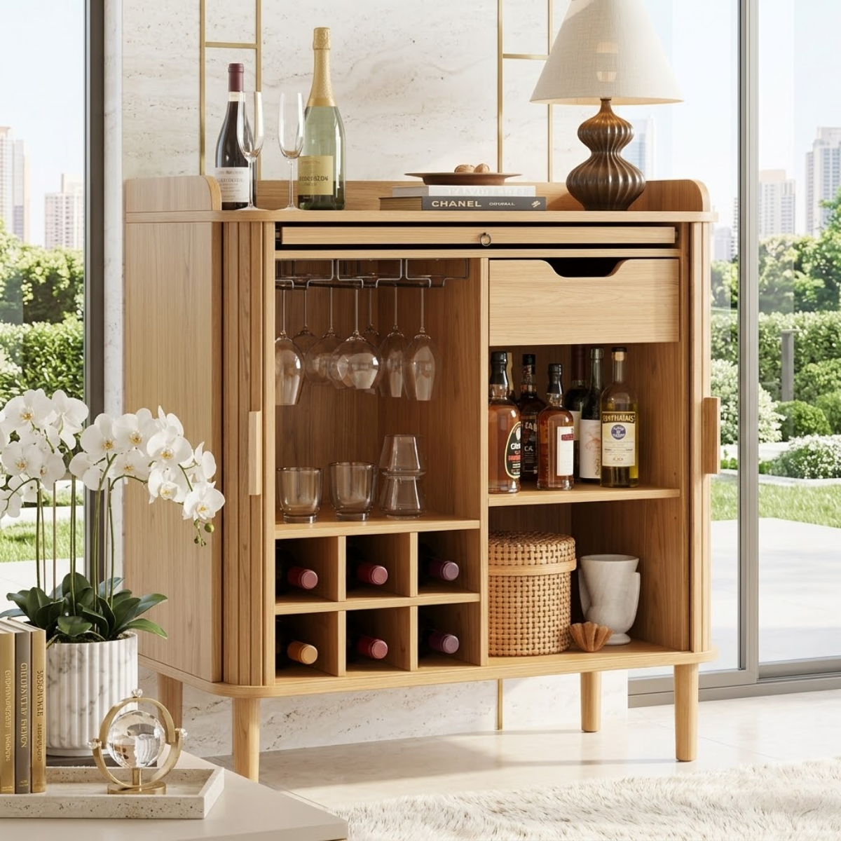 Elegant Modern Wooden Bar Cabinet, Fluted Home-Bar Console with Wineglass Storage