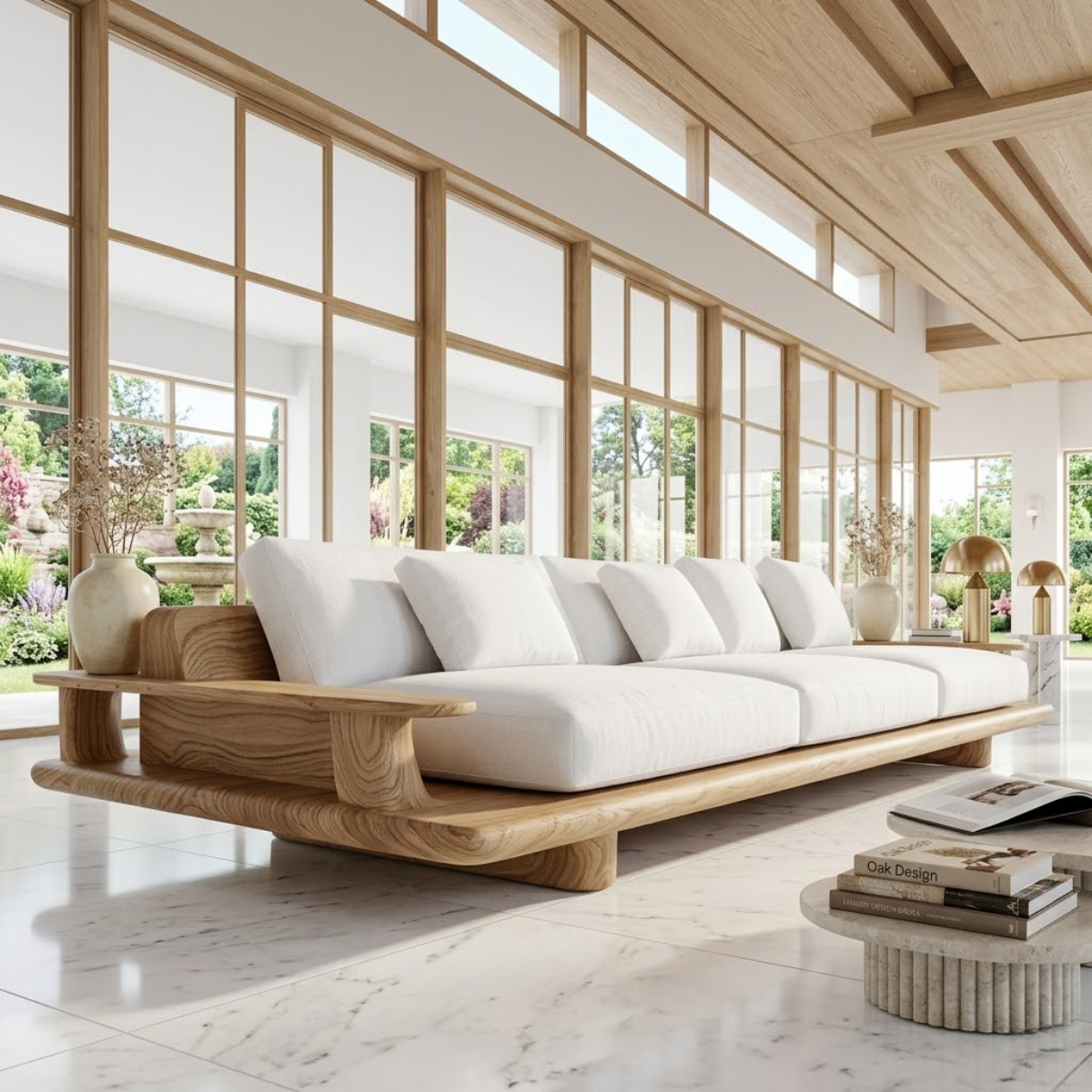 Modern Wooden Platform Sofa, Luxury Minimalist Couch with Integrated Side Tables