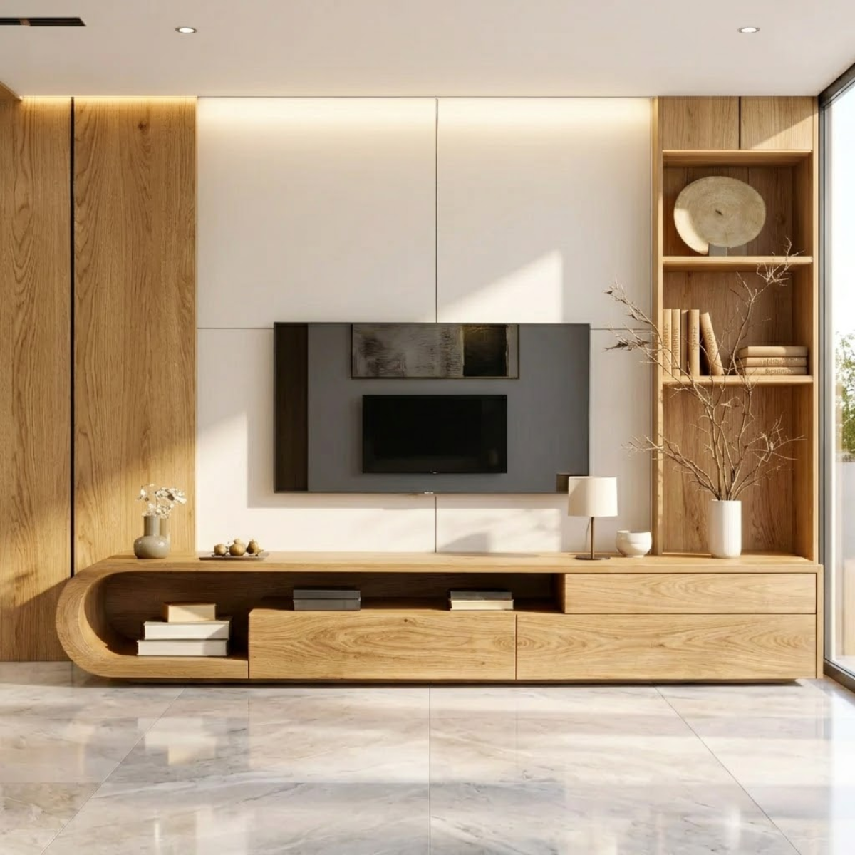 Solid Wood TV Stand with Curved Shelf, Modern Low Profile Media Console