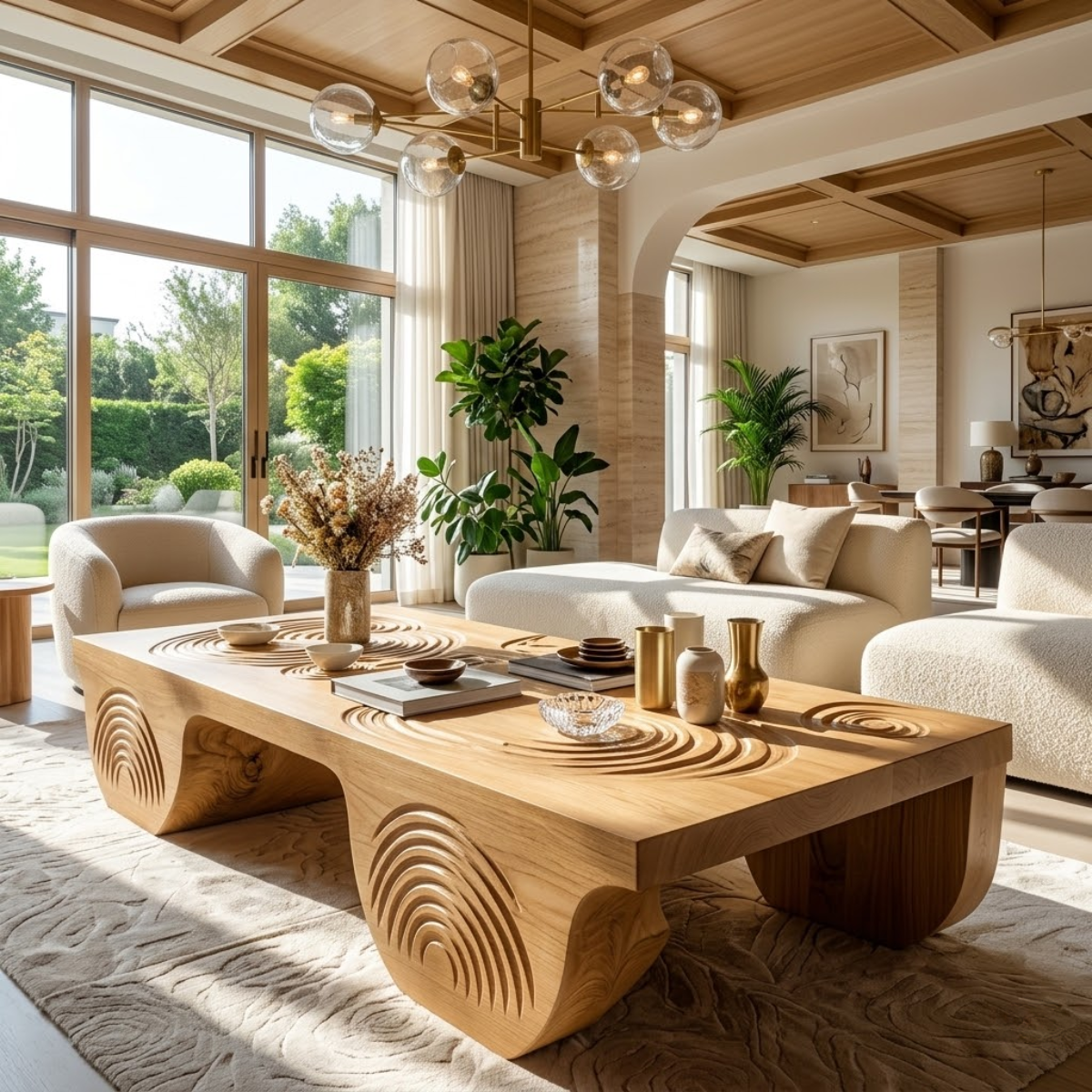 Artistic Wooden Coffee Table with Unique Carved Design