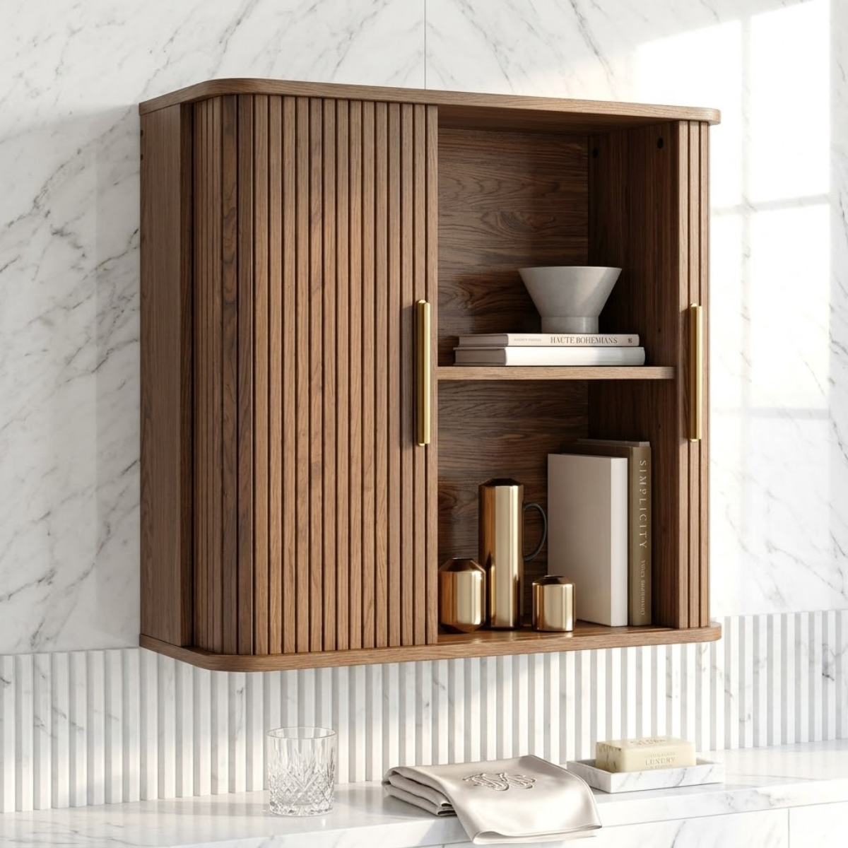 Floating Bathroom Cabinet, Modern Slatted Wall Mounted Vanity Storage Organizer Shelf