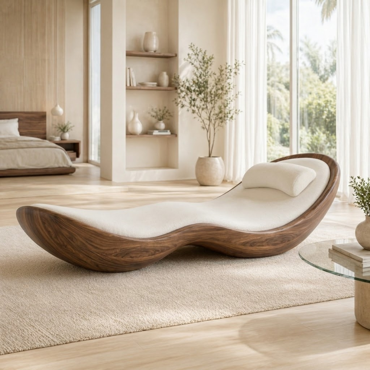 Modern Curved Chaise Lounge Sculptural Daybed with Cushion for Bedroom Decor