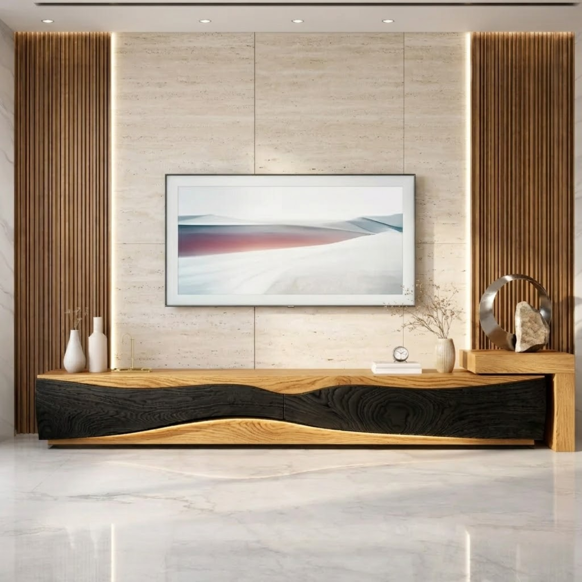 Handcrafted Solid Wood TV Stand with Black Wave Front, Entertainment Centerpiece