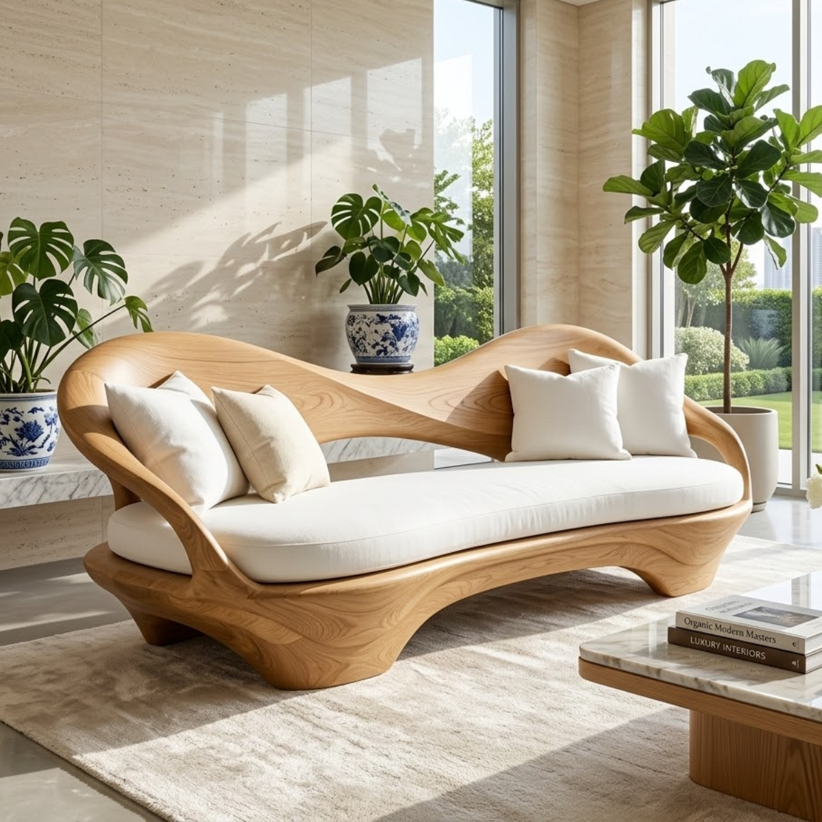 Organic Modern Wooden Sofa, Sculptural Statement Couch with Plush White Cushions