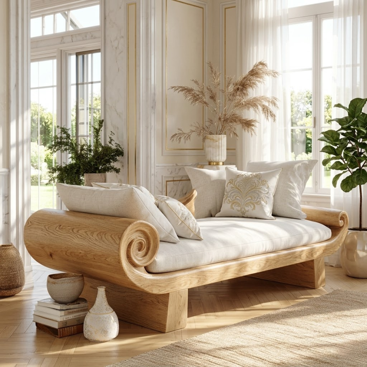 Scrolled Arm Daybed Sofa, Sculptural Luxury Accent Seating for Elegant Interiors