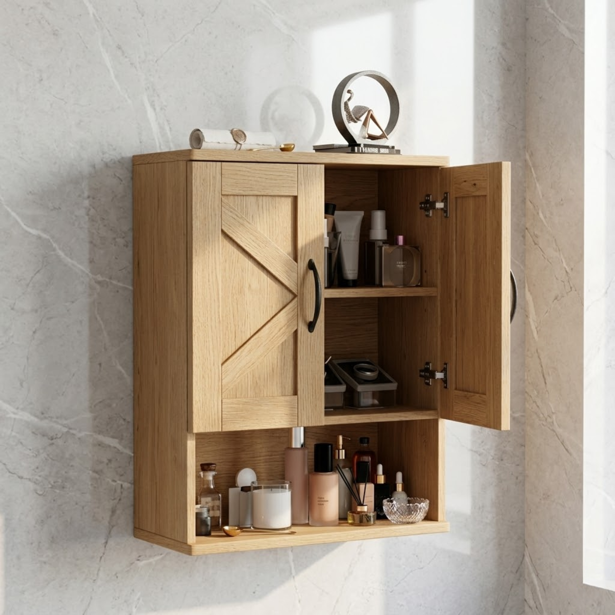 Floating Bathroom Cabinet, Farmhouse Wall Mounted Vanity Storage Shelf Organizer