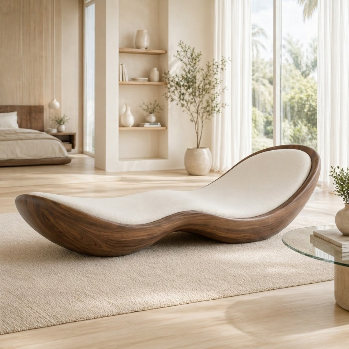 Modern Curved Chaise Lounge Sculptural Daybed with Cushion for Bedroom Decor