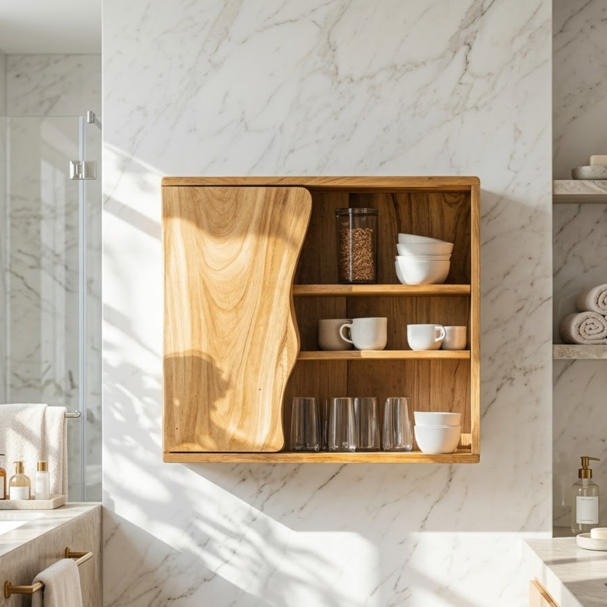 Floating Bathroom Cabinet, Modern Organic Wall Mounted Vanity Storage Shelf Unit
