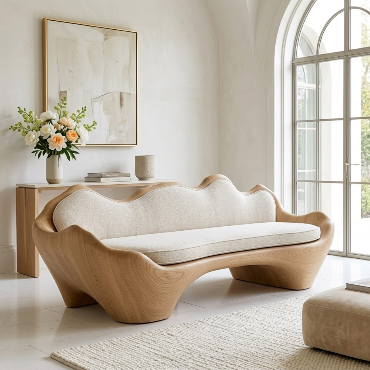 Sculptural Curved Upholstered Sofa, Luxury Statement Seating for Elegant Interiors