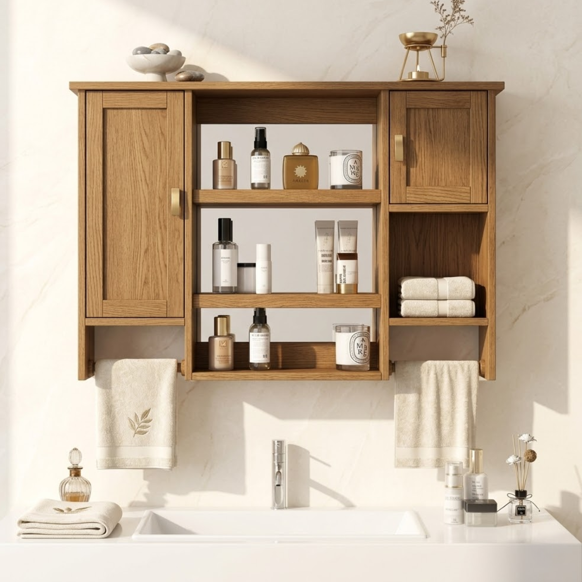 Floating Bathroom Cabinet, Wall-Mounted Vanity Storage Shelf With Towel Bars Unit