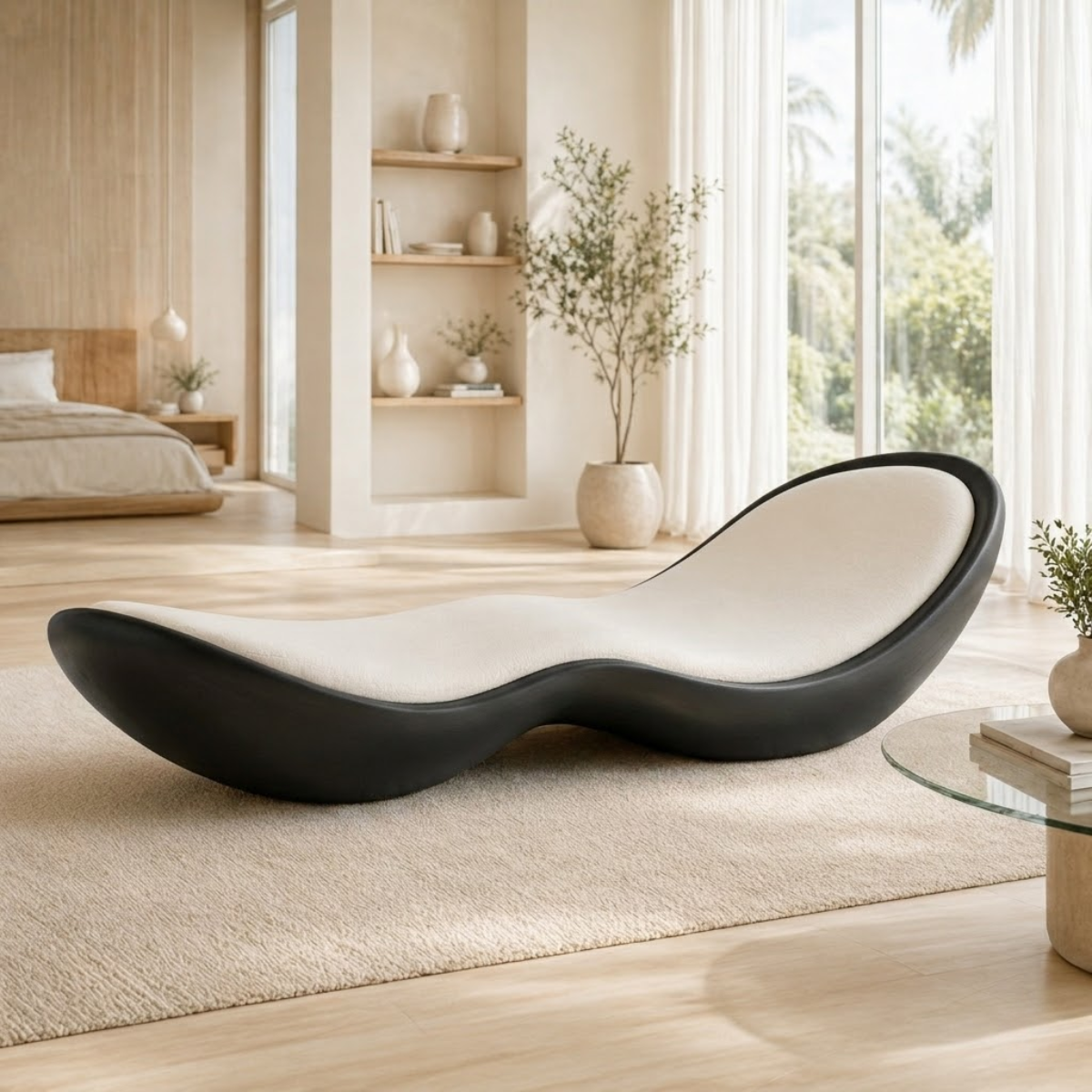 Modern Curved Chaise Lounge Sculptural Daybed with Cushion for Bedroom Decor