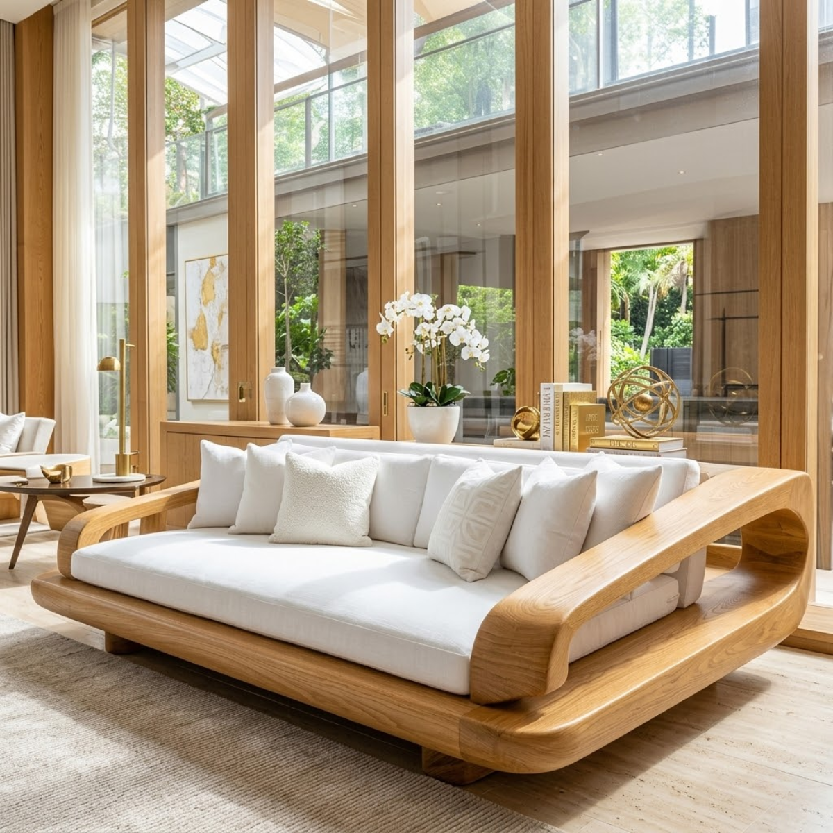 Luxury Wooden Platform Sofa, Minimalist Lounge Couch with Oversized White Cushions
