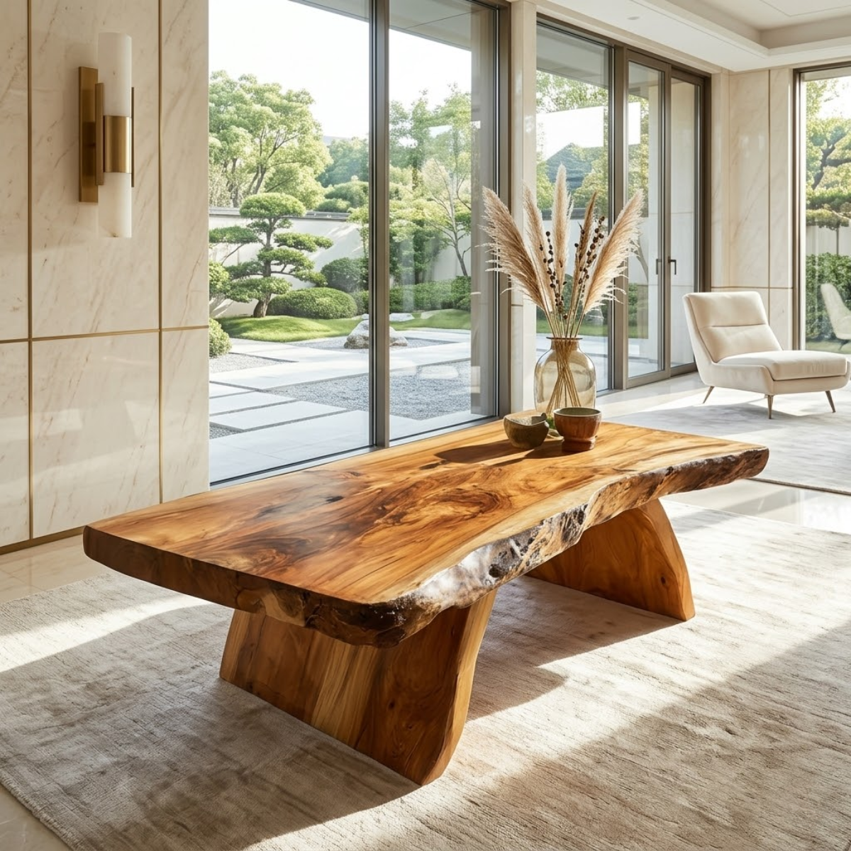 Organic Live Edge Coffee Table with Sculptural Base, Modern Living-Room Statement Centerpiece