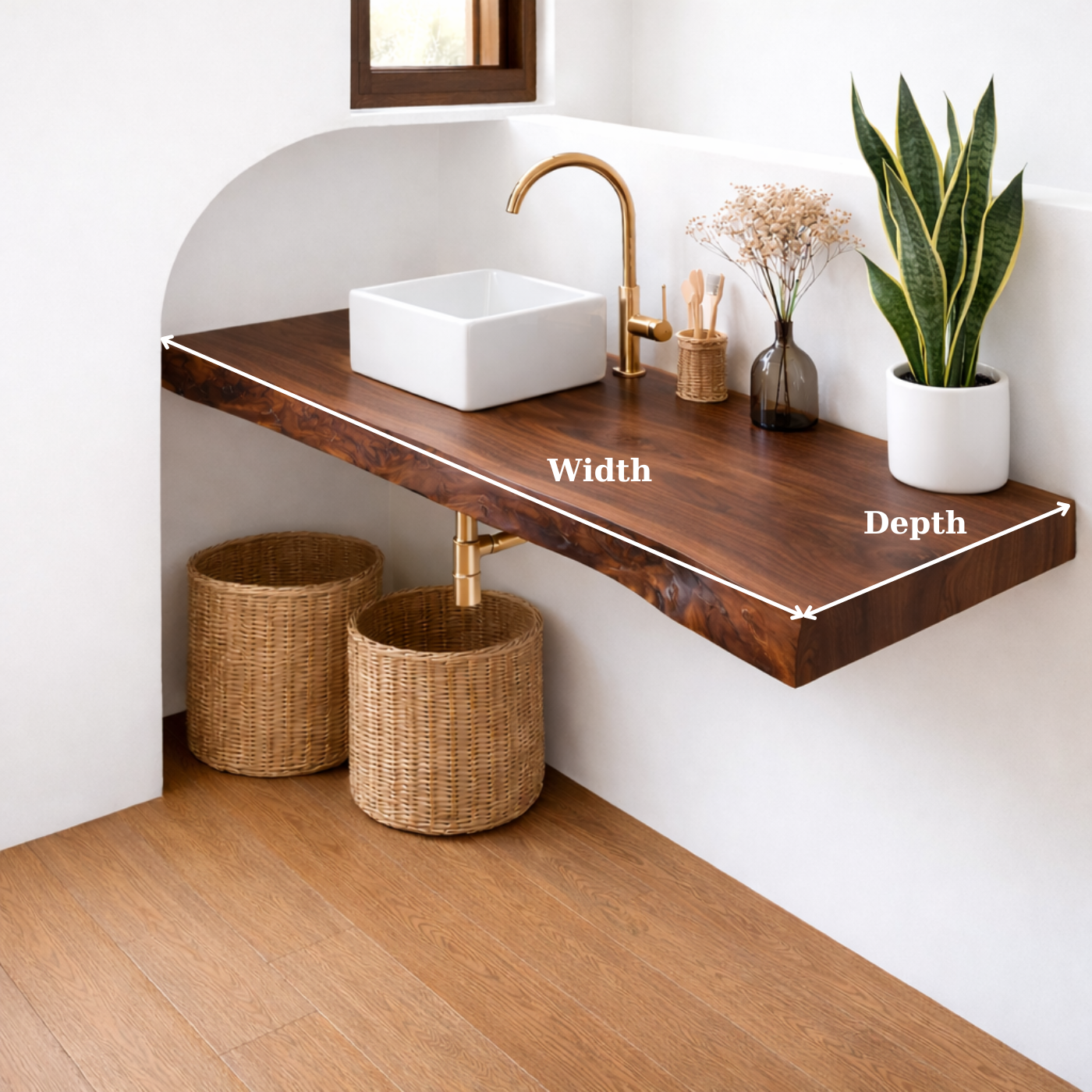 Floating Solid Wood Bathroom Vanity with Live Edge Top and Vessel Sink – Wall Mounted Vanity