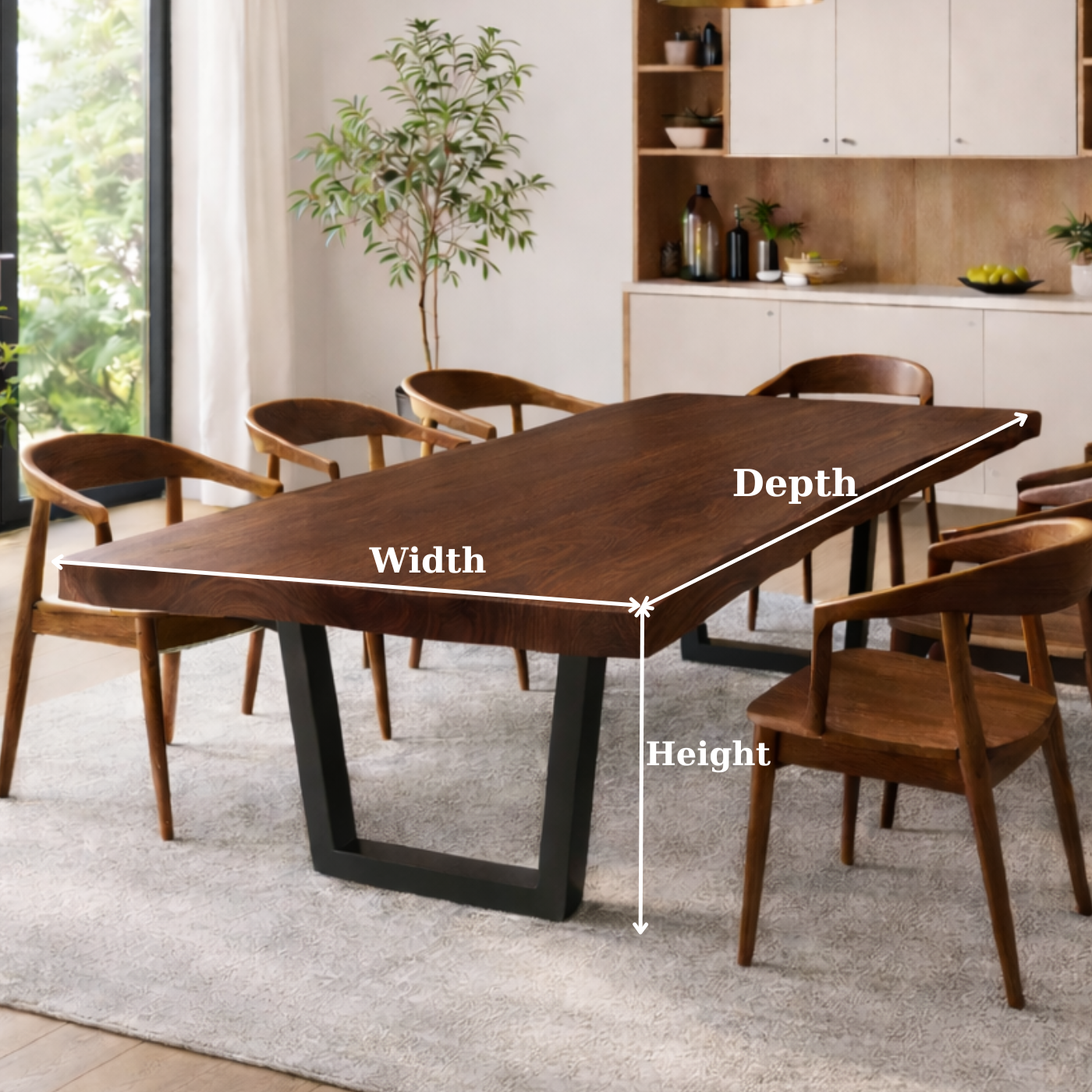 Modern Solid Walnut Dining Table with Black U-Shaped Steel Legs for Minimalist Interiors