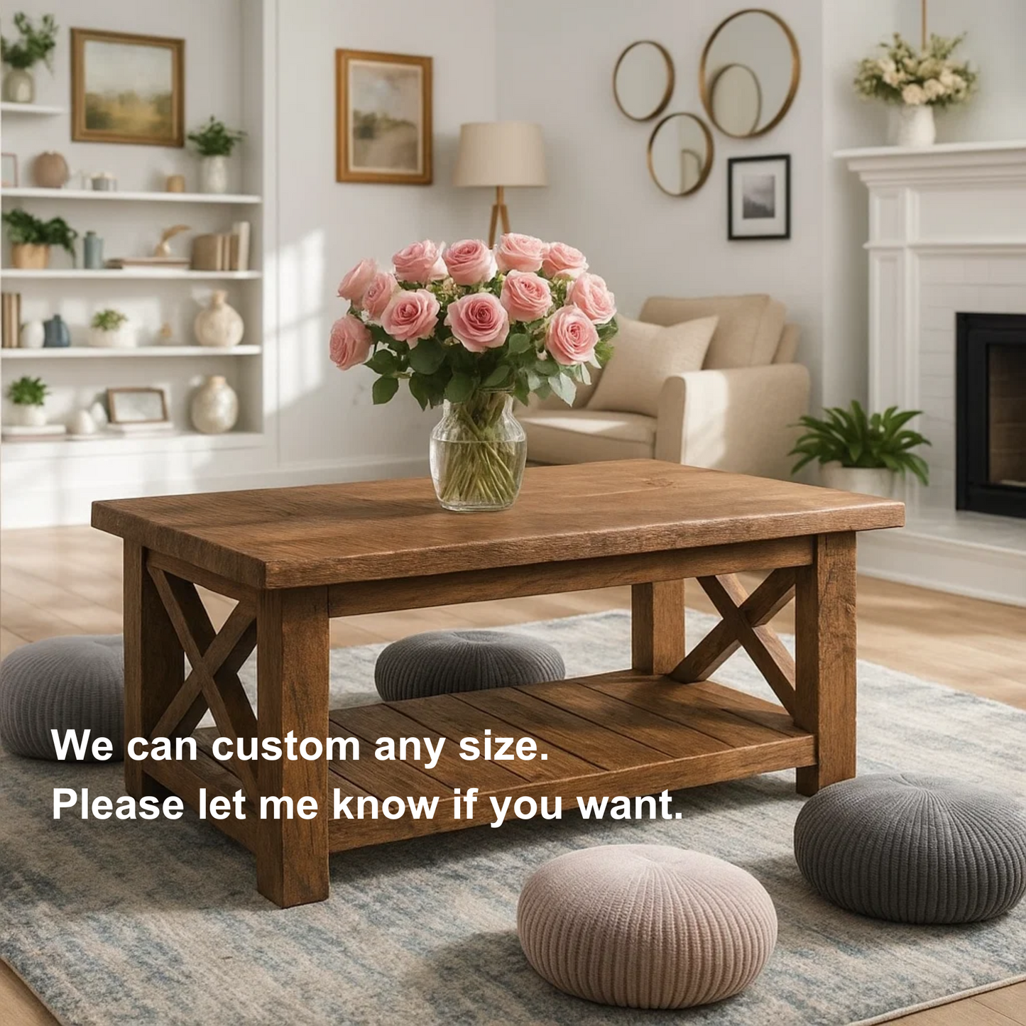 Handcrafted Solid Wood Farmhouse Coffee Table with X-Frame – Rustic Center Table with Bottom Shelf for Cozy Living Rooms Kitchnce