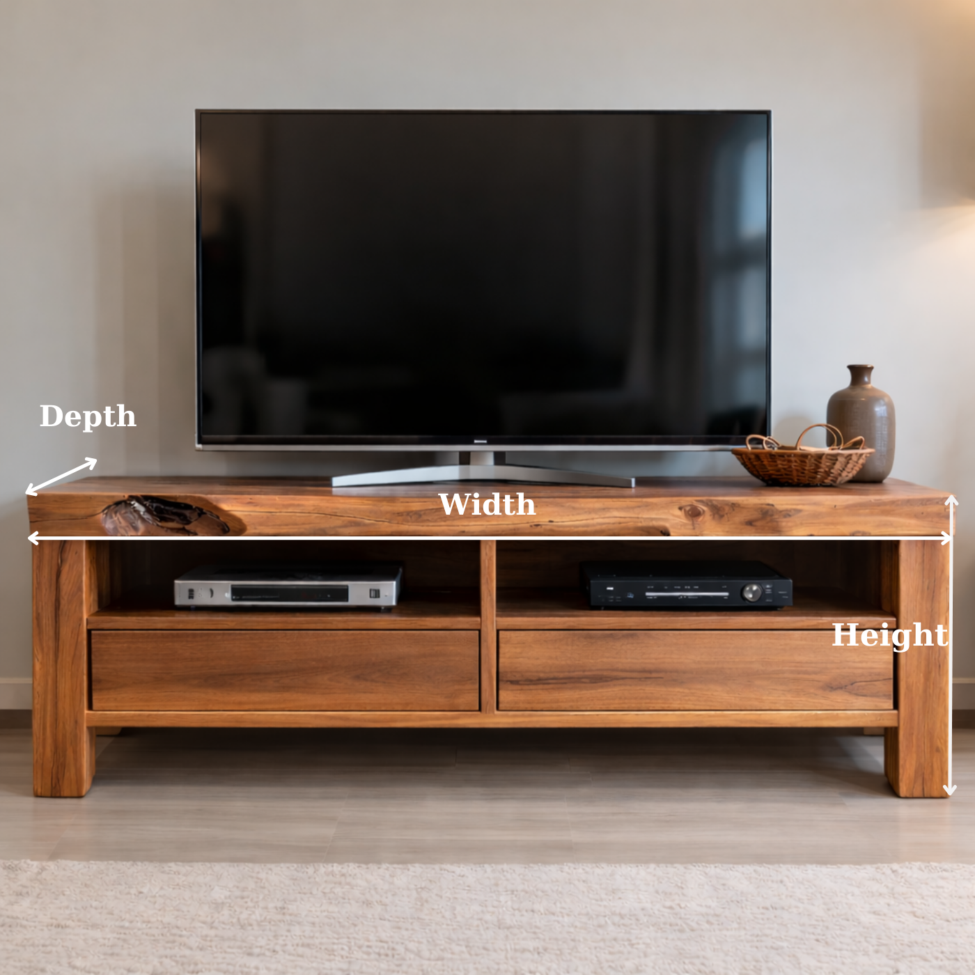 Rustic Solid Wood TV Stand with Natural Live Edge, Storage Drawers and Open Shelves