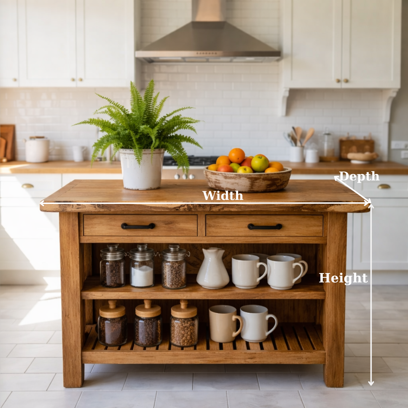 Solid Wood Kitchen Island with Drawers and Open Shelf Storage Wooden Prep Table
