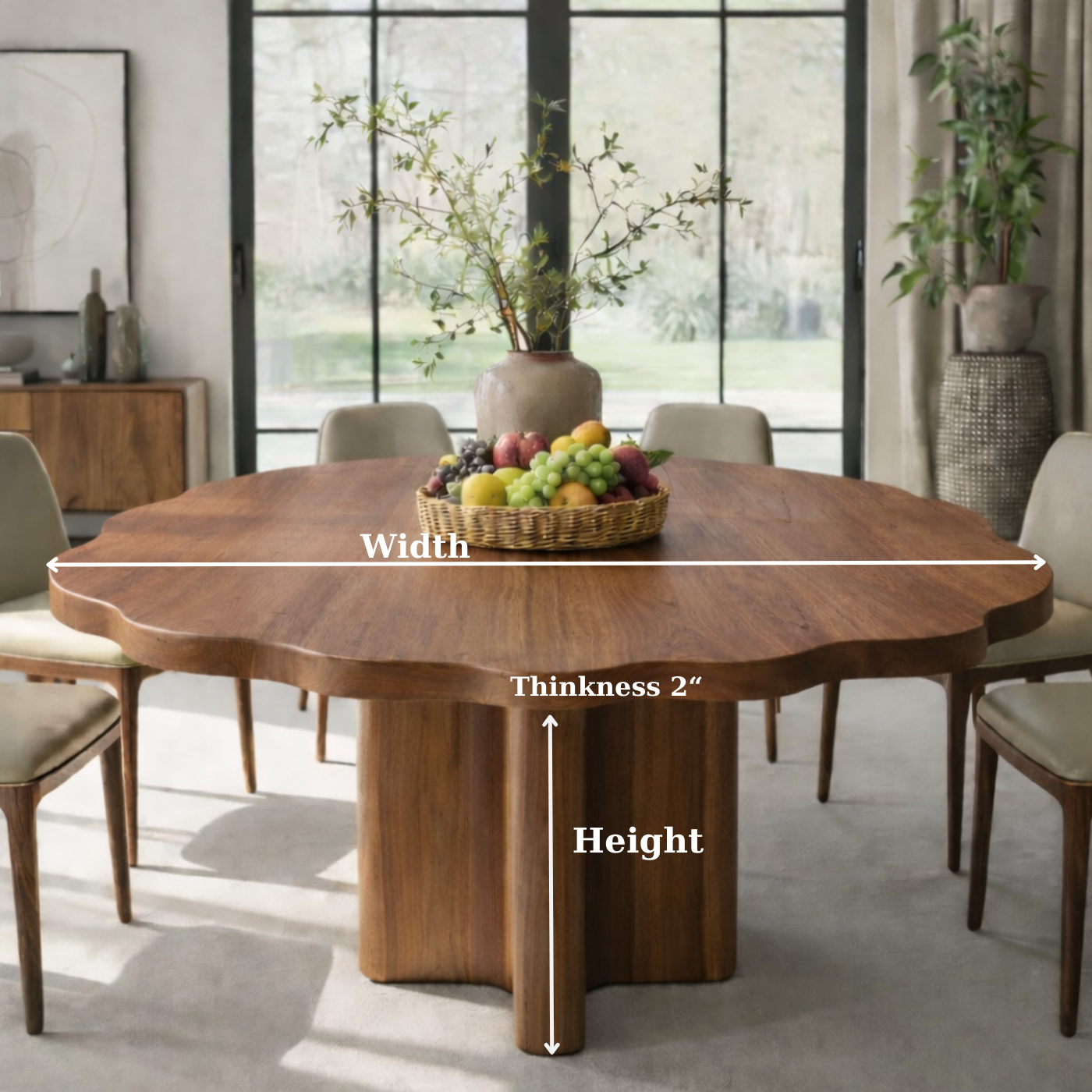 Round Solid Wood Dining Table with Sculptural Pedestal Base Modern Rustic Table
