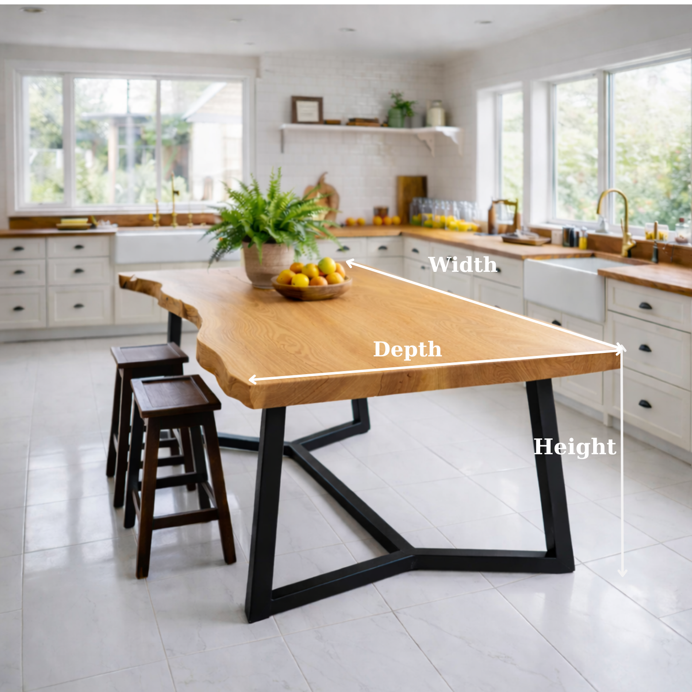 Live Edge Solid Wood Dining Table with Modern Black Metal Legs Rustic Kitchen Table