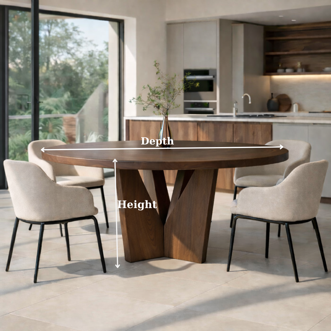 Round Solid Wood Dining Table with Sculptural Base Modern Walnut Kitchen Table