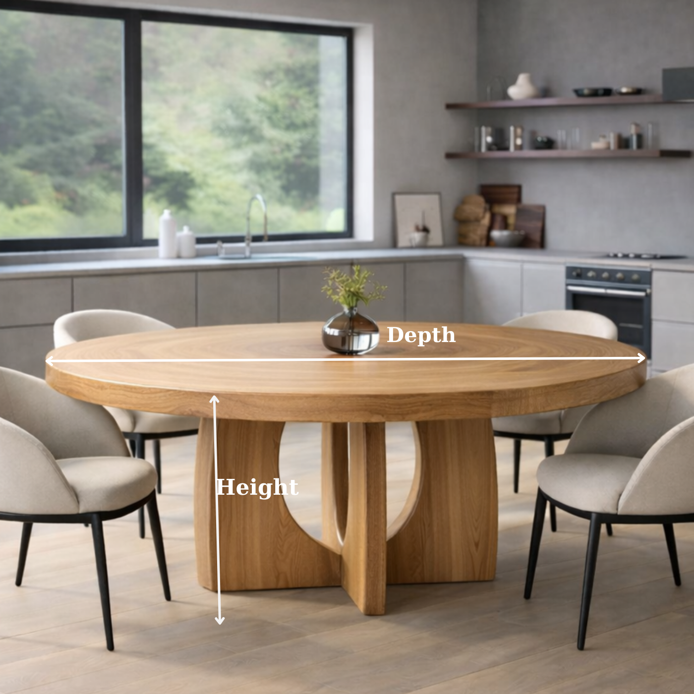 Round Solid Wood Dining Table with Sculptural Pedestal Base Modern Kitchen Table