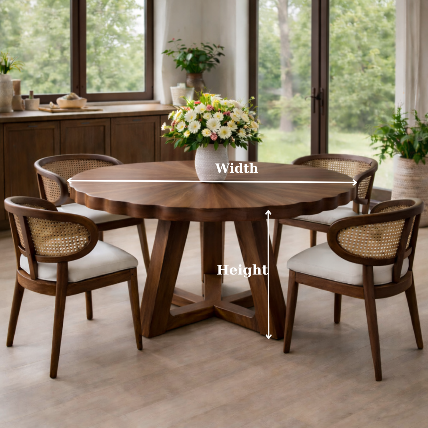 Round Solid Wood Dining Table with Scalloped Edge and Sculptural Base